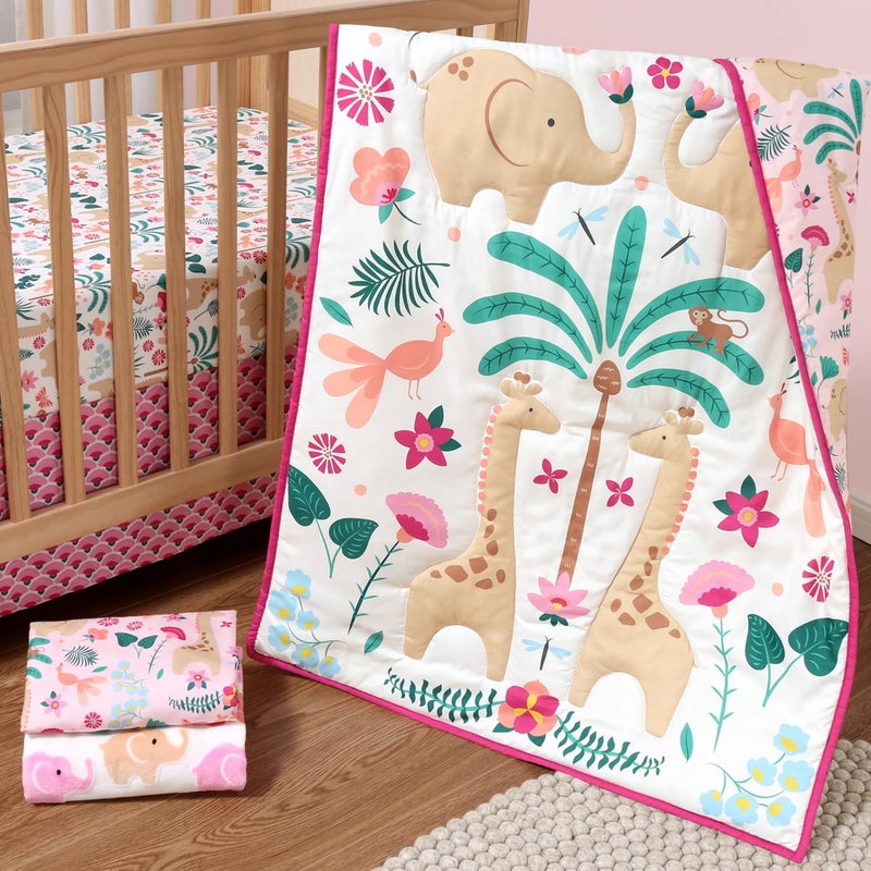 The Peanut Shell 5 Piece Baby Crib Bedding Set for Girls - Newborn, Infant & Toddler Nursery Bed Set Decor with Fitted Crib Sheets, Blanket, Dust Ruffle Comforter - Bright Safari - Image 5